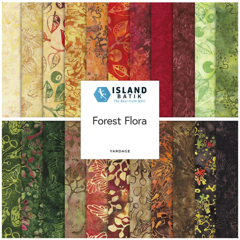 A collection of colorful batik fabrics featuring nature-themed patterns, labeled Forest Flora.