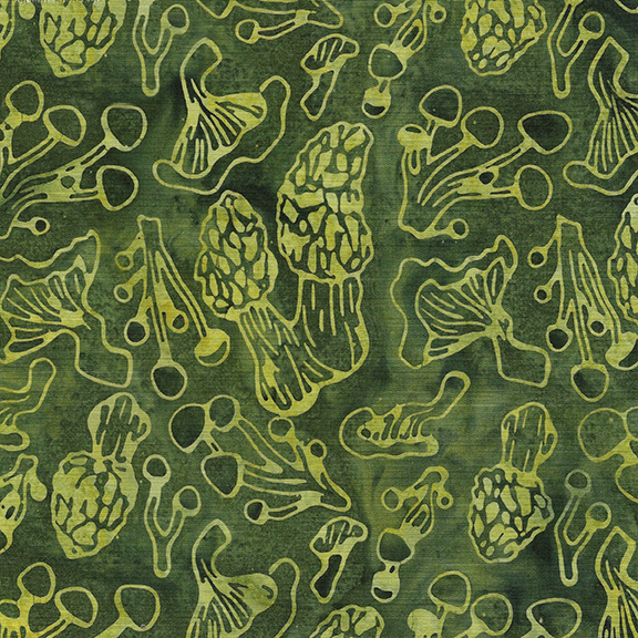 Green fabric featuring various botanical shapes, including mushrooms and fungi.