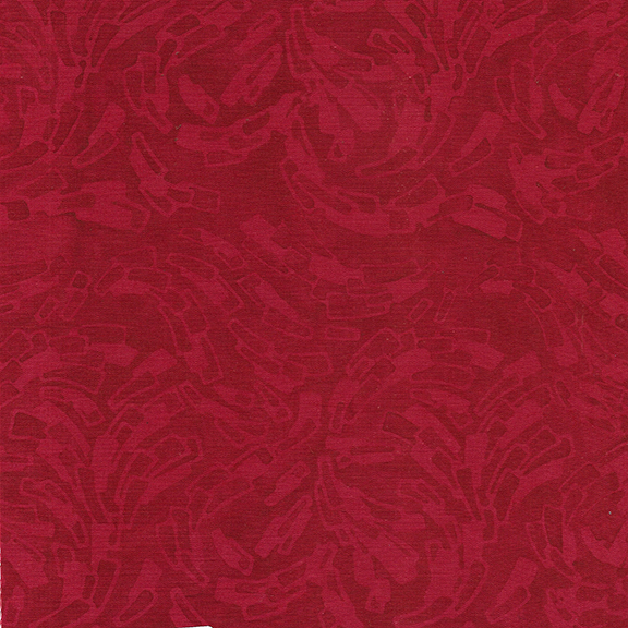 Tonal red fabric with abstract, swirling patterns in a slightly darker red hue.