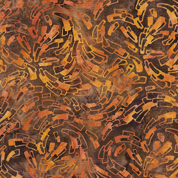 Fabric pattern featuring swirls and shapes in warm tones of orange and brown.