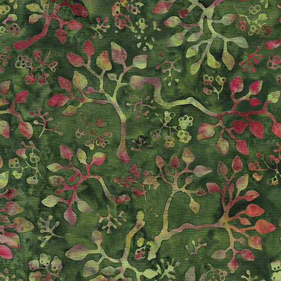 Fabric pattern featuring green leaves and branches with hints of red and yellow against a dark background.