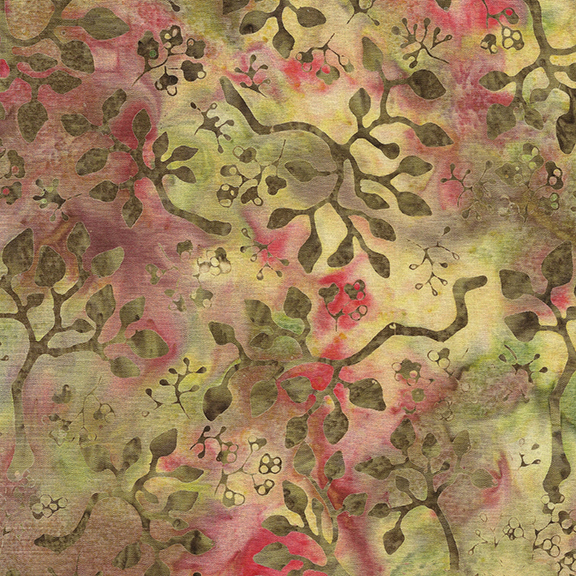 Abstract floral pattern with intertwining branches and leaves in shades of green, pink, and brown.