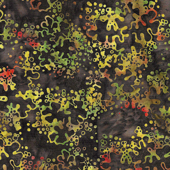 Abstract pattern with organic shapes in green, yellow, and red on a dark background.