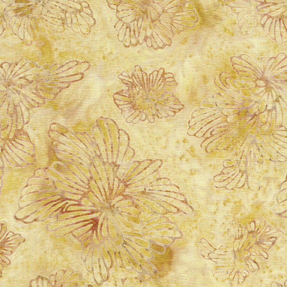 Tan batik fabric with a orange floral pattern .