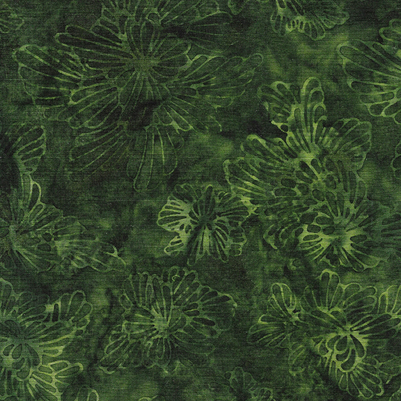 Tonal fabric featuring overlapping green floral designs on a darker green background.