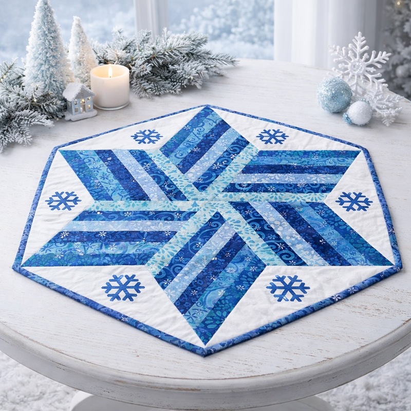 A hexagonal blue and white quilted table mat with a snowflake design on a white table.