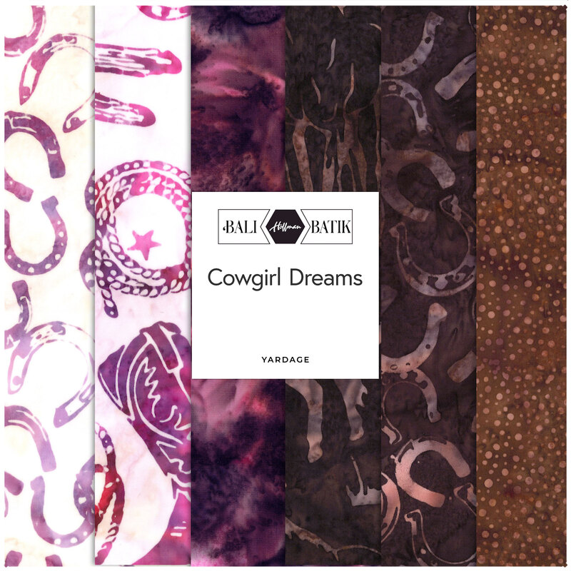 A collection of fabric swatches titled Cowgirl Dreams by Hollman, featuring various purple and brown patterns.