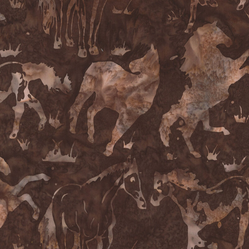 Pattern of running horses in shades of brown and copper on a dark background.