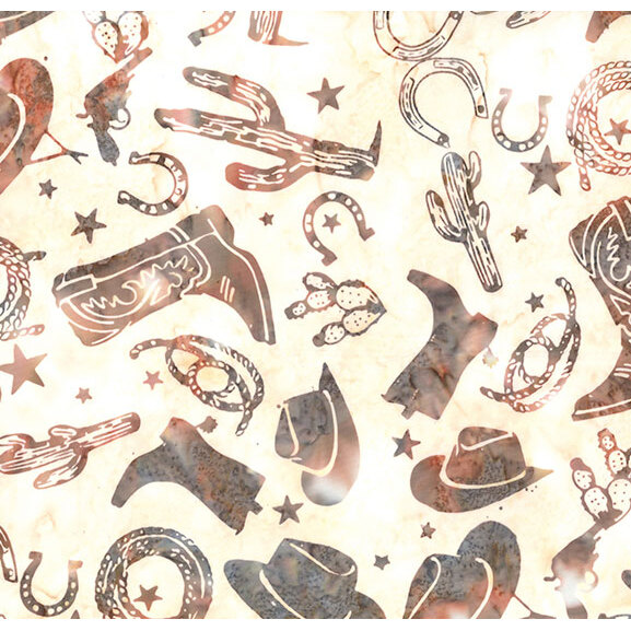 A fabric featuring western-themed icons such as cowboy boots, hats, cacti, and stars.