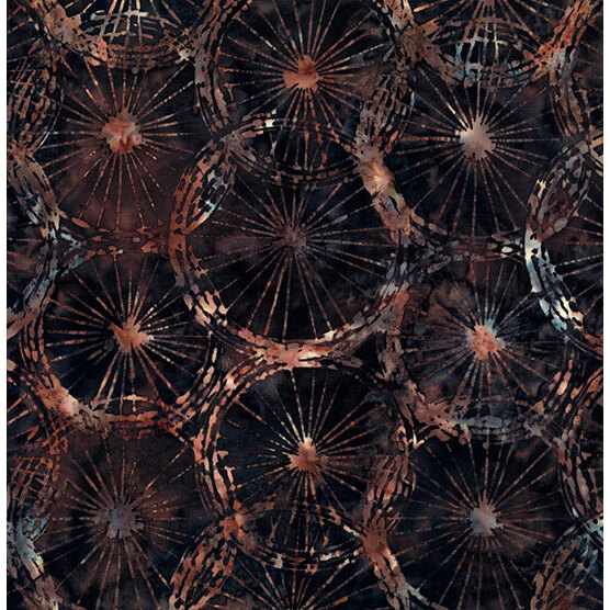 Abstract fabric pattern featuring circular motifs with radiating lines in earthy tones on a dark background.