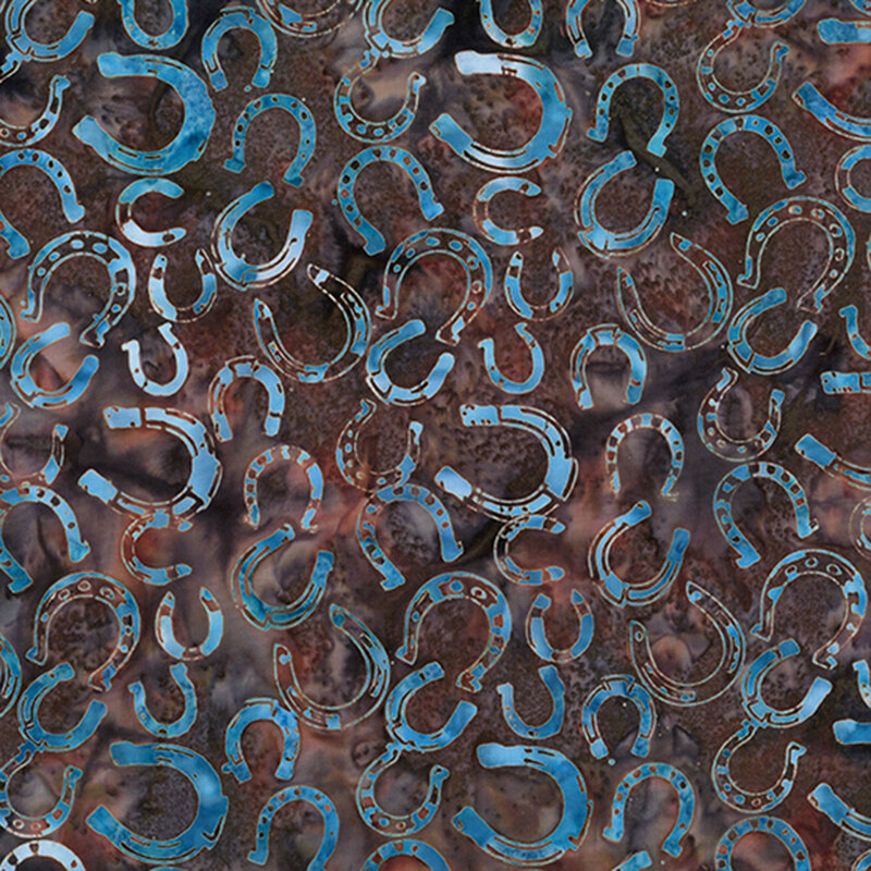 A pattern of overlapping blue horseshoes on a brown fabric.