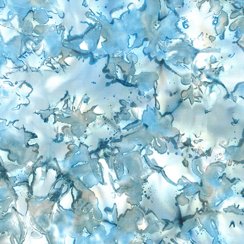 Abstract fabric with translucent blue and gray organic shapes on a light background.