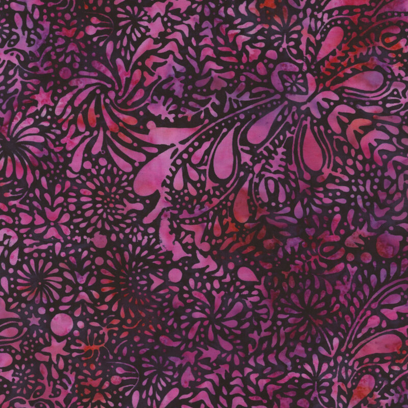 A vibrant, abstract fabric pattern featuring intricate floral and organic shapes in shades of pink and purple.