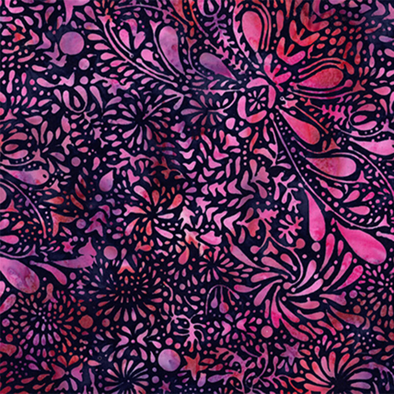 A vibrant, abstract fabric pattern featuring intricate floral and organic shapes in shades of pink and purple.