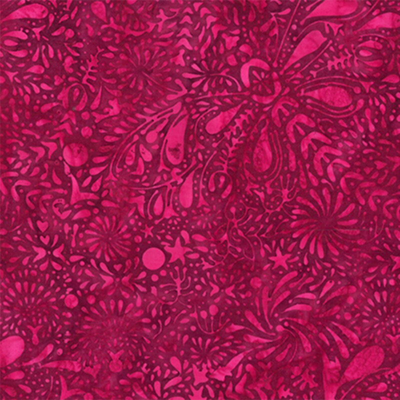 A dense, abstract fabric pattern of floral and swirling shapes in various shades of deep pink.