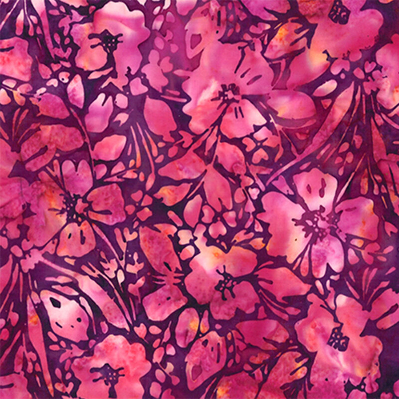 A vibrant fabric pattern of pink flowers and leaves against a rich purple background.