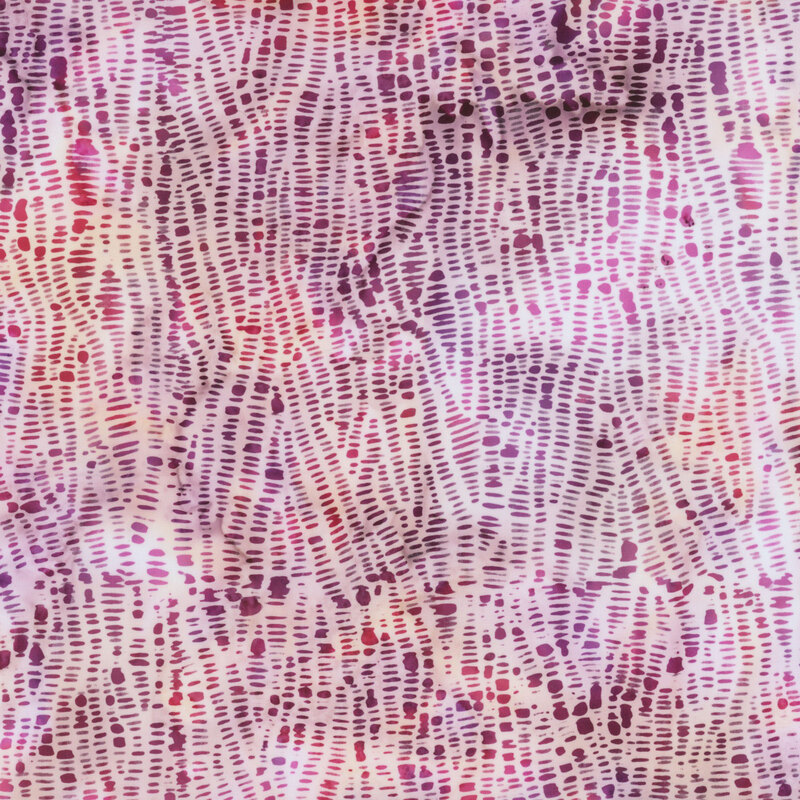 Abstract fabric pattern of overlapping lines and dots in shades of pink, purple, and white.