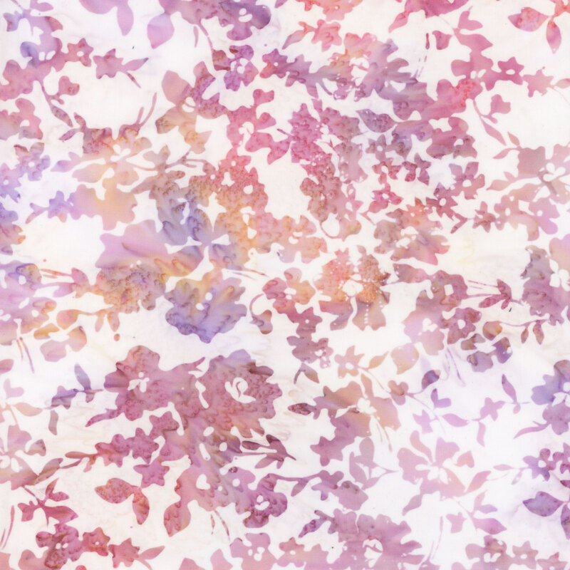 A pastel floral fabric pattern featuring pink, purple, and soft orange flowers on a light background.