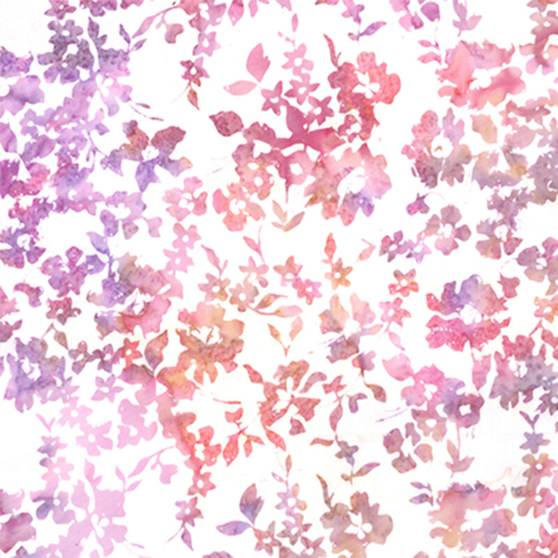 A pastel floral fabric pattern featuring pink, purple, and soft orange flowers on a light background.