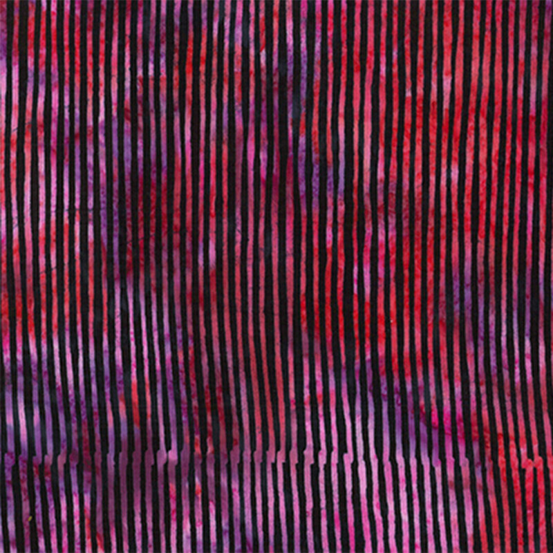 Abstract fabric pattern featuring vertical stripes in shades of red, purple, and black on a textured background.