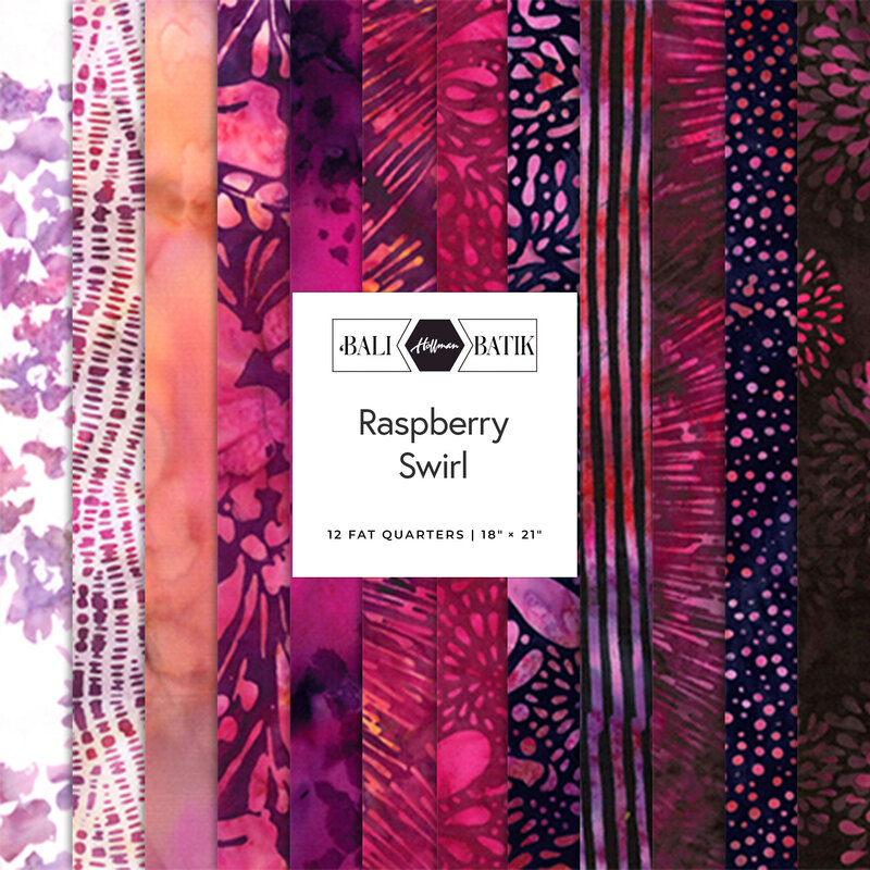 Colorful collection of batik fabric featuring shades of pink and purple, titled Raspberry Swirl.