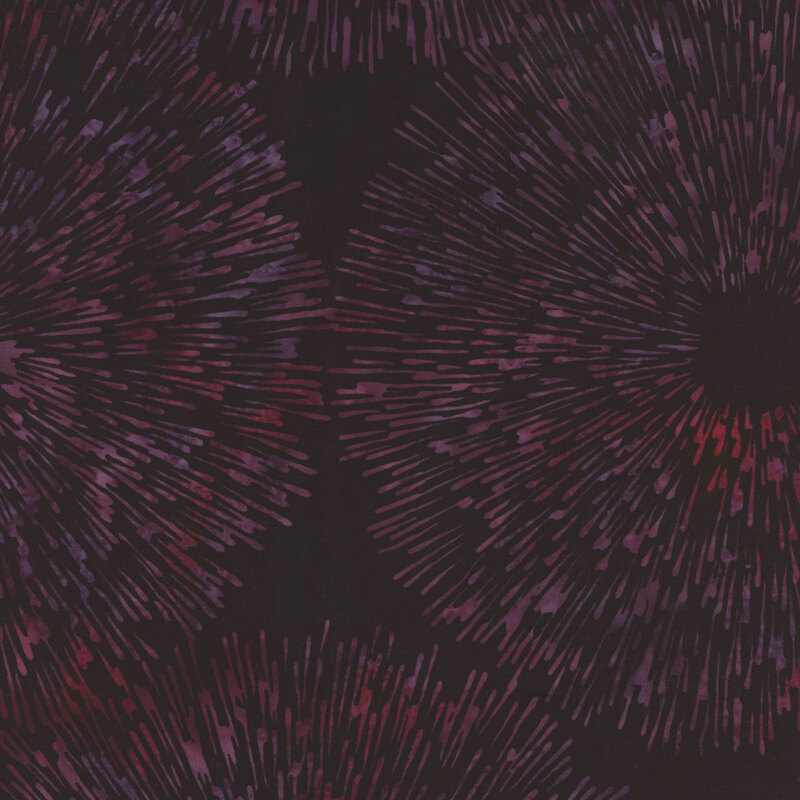 Abstract fabric pattern featuring burst-like shapes in dark shades of purple and red on a black background.