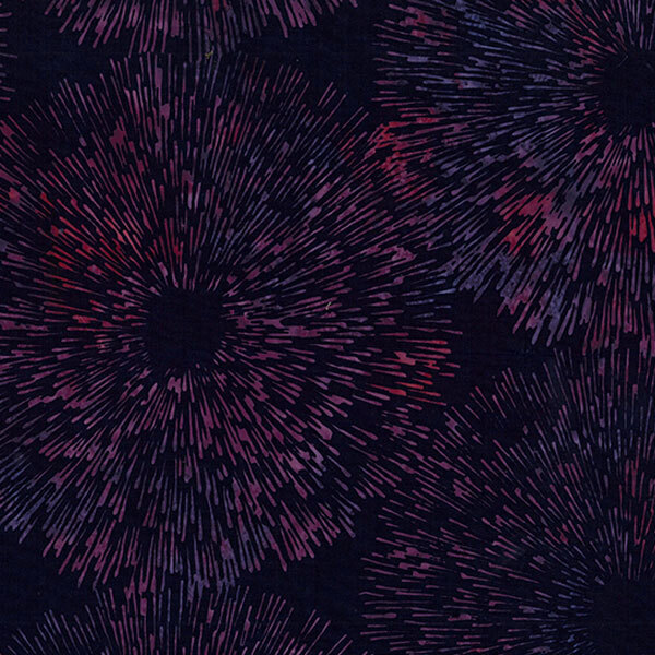 Abstract fabric pattern featuring burst-like shapes in dark shades of purple and red on a black background.