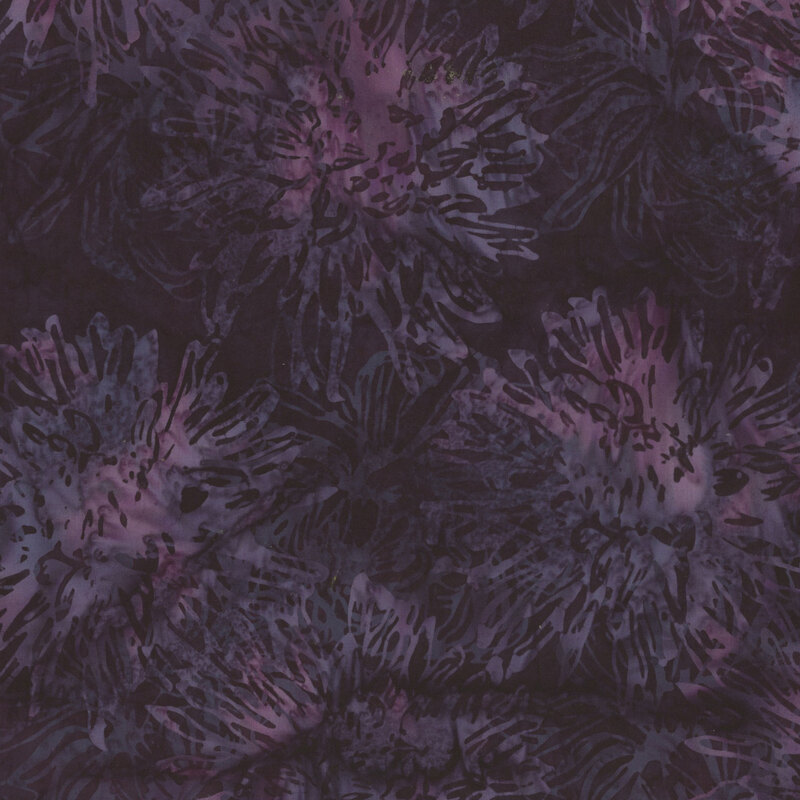 Floral fabric with dark backgrounds featuring vibrant, abstract blossoms in shades of purple and blue.