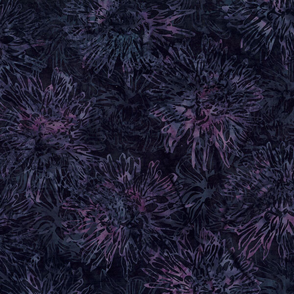 Floral fabric with dark backgrounds featuring vibrant, abstract blossoms in shades of purple and blue.