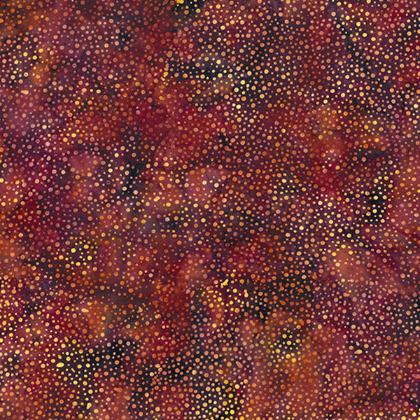 Abstract fabric featuring a textured background of dark red and maroon hues with gold dot accents.