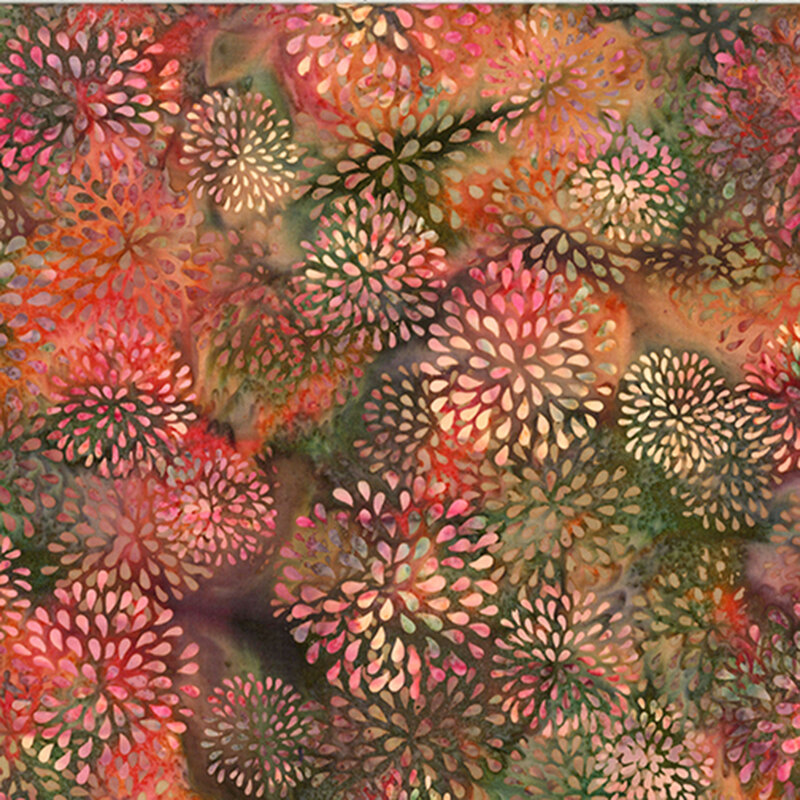 Mottled green, red, and orange batik with tonal and flax firework bursts.