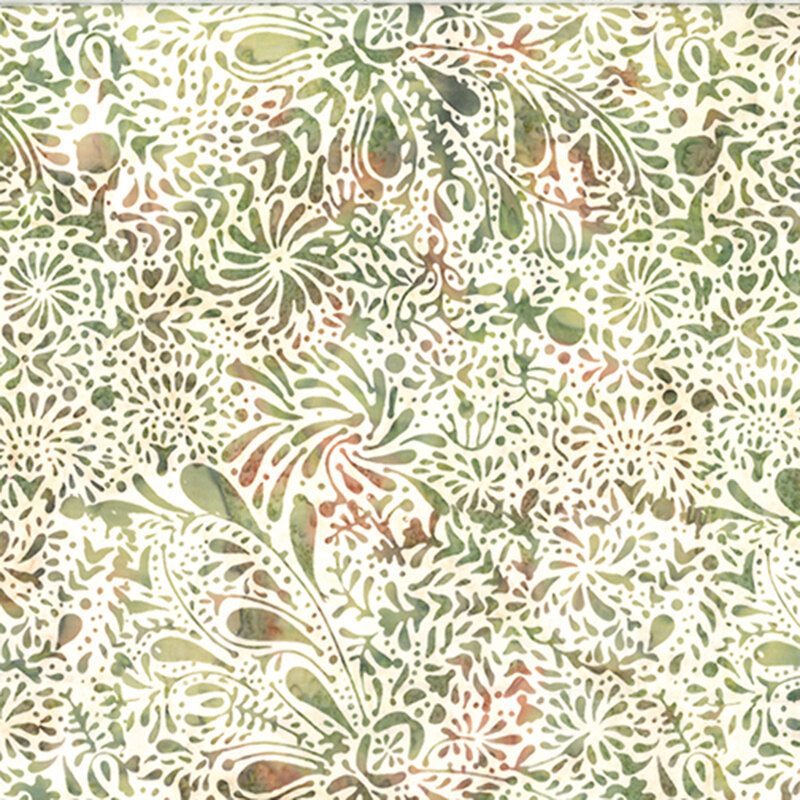 Cream batik fabric with abstract mottled leaf and vine pattern in green and warm brown.