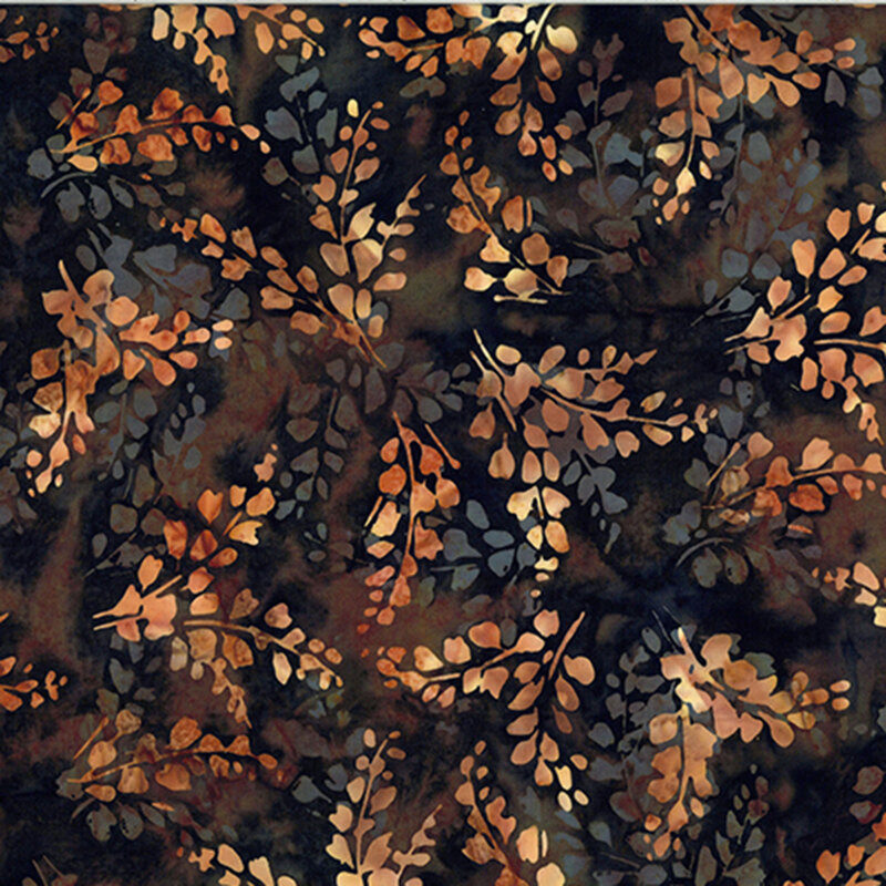 Dark brown fabric with bourbon orange and smoke gray leaf silhouettes.