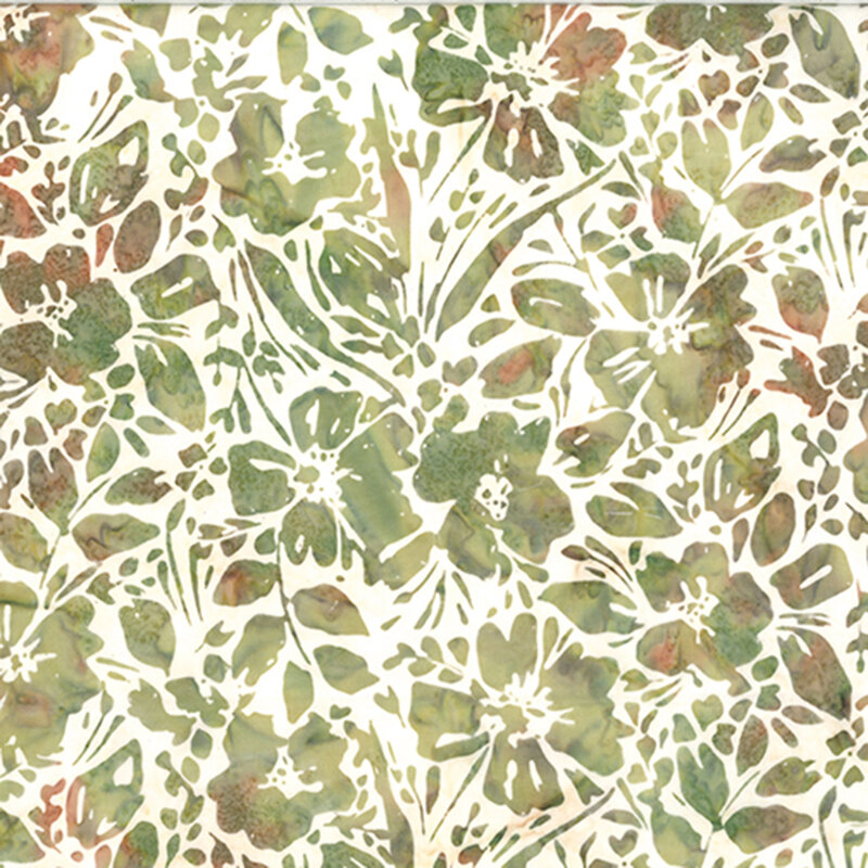 Cream batik fabric with a muted green and khaki brown floral pattern.