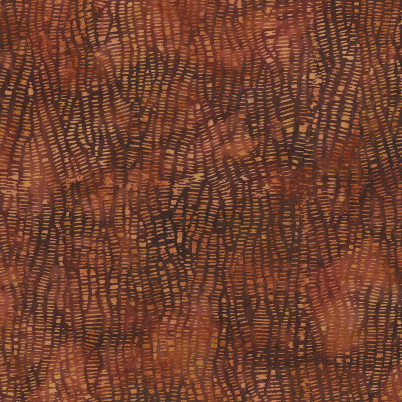 Vibrant red-orange and brown mottled fabric with lines of textured vermillion dashes.