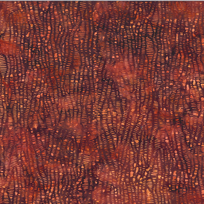 Vibrant red-orange and brown mottled fabric with lines of textured vermillion dashes.