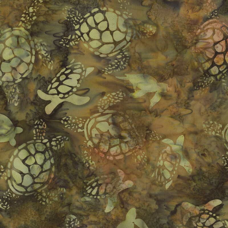 Dark olive green batik fabric with spruce mottling and turtle silhouettes.