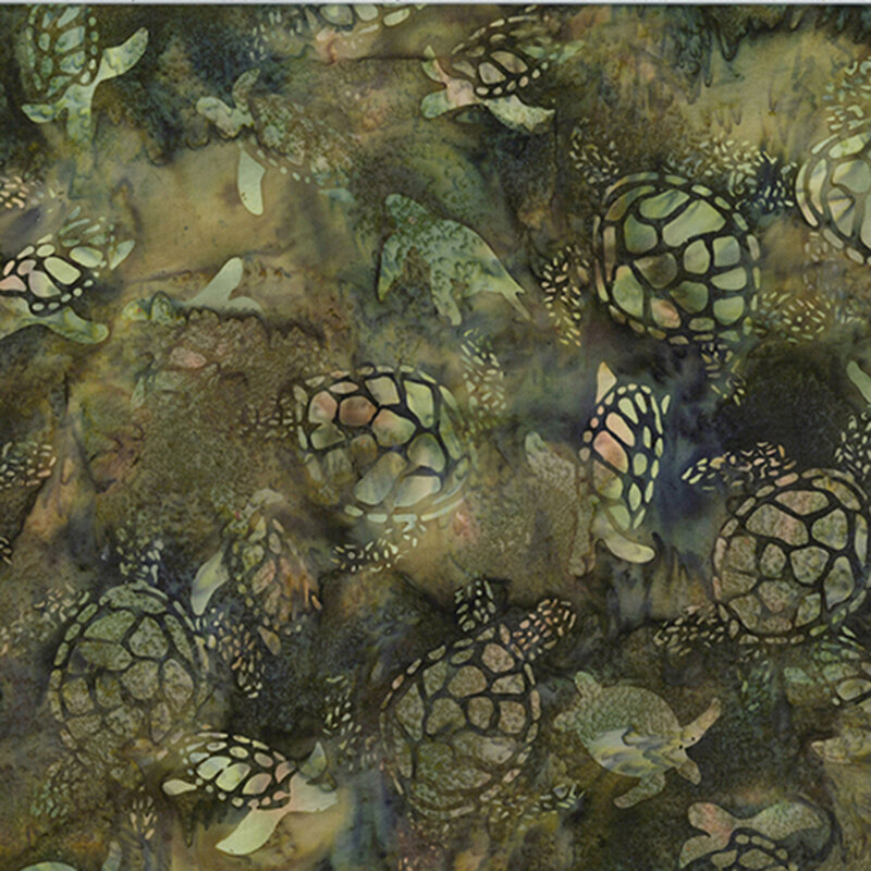 Dark olive green batik fabric with spruce mottling and turtle silhouettes.