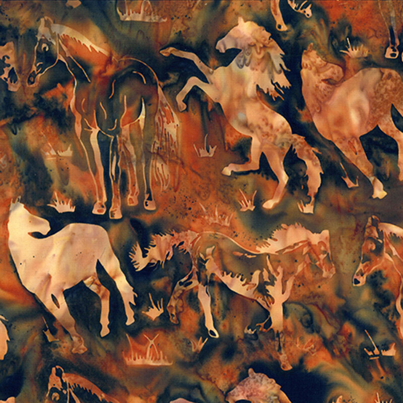 Batik fabric with vibrant orange and dark spruce mottling and silhouettes of pale orange horses.