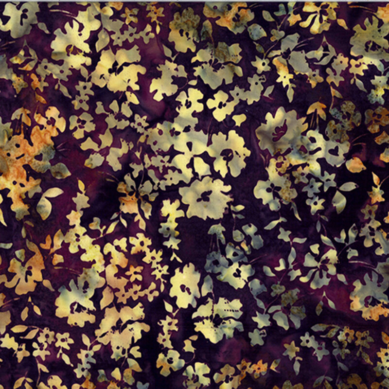 Dark mulberry purple batik fabric with light green and orange wildflower silhouettes.