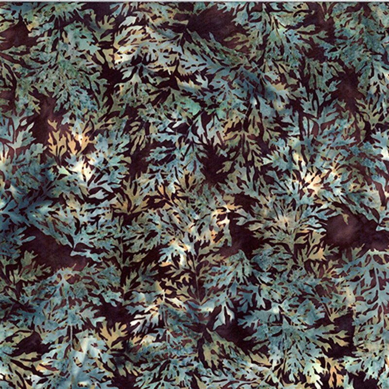 Dark mulberry purple fabric with teal blue mottling across pine branch silhouettes.