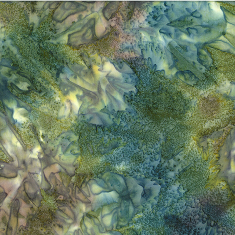 Watercolor batik fabric with green, teal blue, and brown mottling and texture.