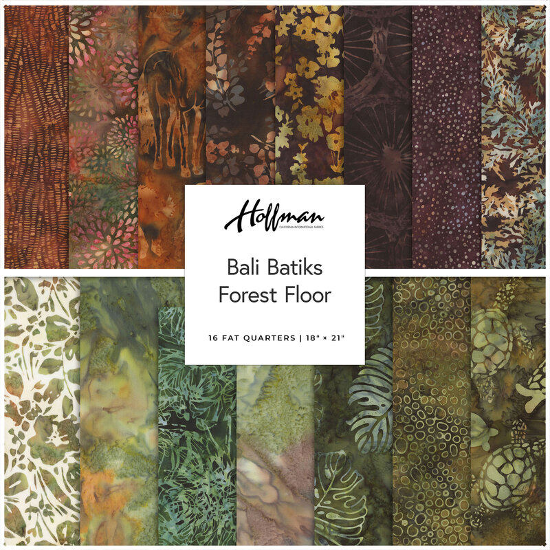 Collage of the fabrics included in the Bali Batiks - Forest Floor 15 FQ Set.