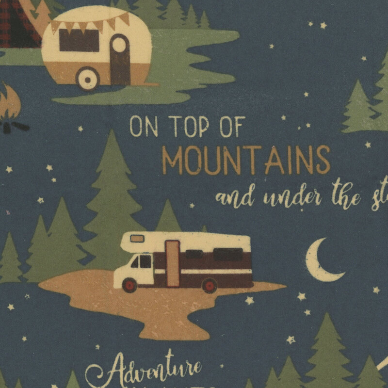 Blue flannel with an illustration featuring a camper, trees, mountains, and the text: 