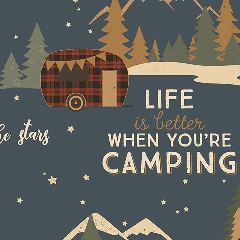 Illustration featuring a camper, trees, mountains, and the text: Life is better when you're camping.