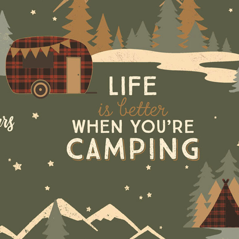 Illustration featuring a vintage camper, pine trees, mountains, and the text Life is better when you're camping.