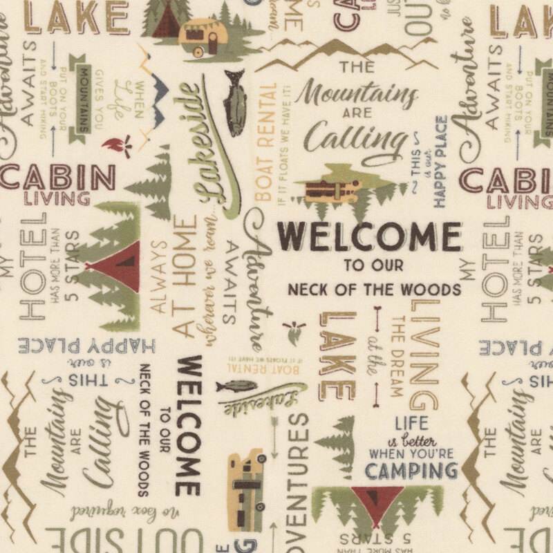 Cream fabric with a pattern of text and illustrations with camping and outdoor-themed quotes in earthy colors.