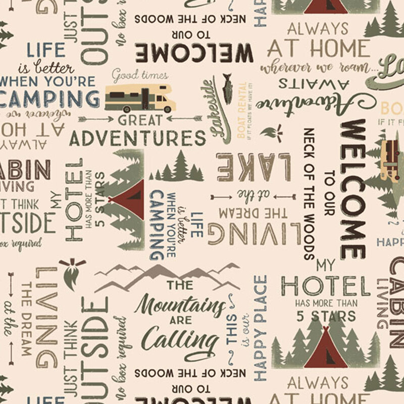 A pattern of text and illustrations with camping and outdoor-themed quotes in earthy colors.