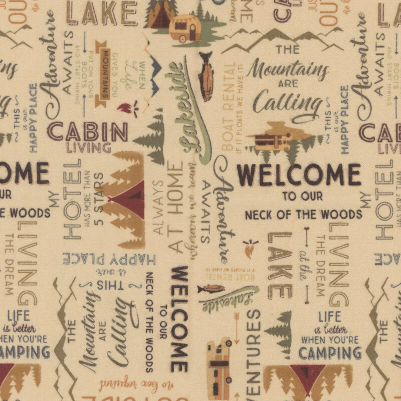 Tan fabric with a pattern of text and illustrations with camping and outdoor-themed quotes in earthy colors.