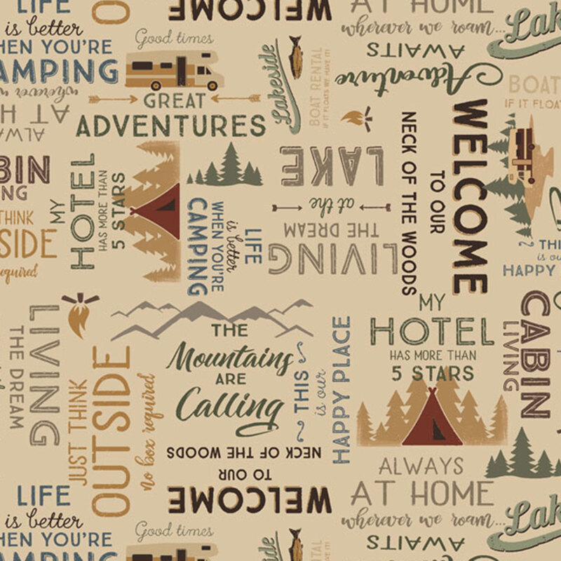 A pattern featuring travel-themed quotes about camping, cabins, and outdoor adventures in various fonts.